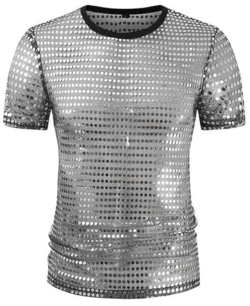 Men's Sequin T-Shirt, Short Sleeve Transparent Glitter Round Neck Tank Top, Shiny Metallic 70s 80s Disco Shirts with Sheer Panels, Casual Mesh Tunic Tops for Clubwear Dynamic Stage Performances Raves