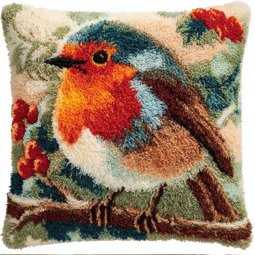 KnüpfKissen Set Erwachsene Kinder mit vordruck Robin Weihnachtsvogel Weißdorn Winter knüpfteppich zum selber knüpfen Kissenbezug Anfänger DIY Handarbeit Stickerei Handgemachtes Handwerk Sofa Wohnkultu