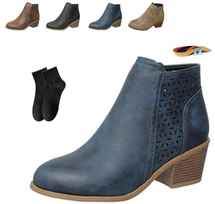 Bottines orthopédiques en cuir à enfiler à talon moyen pour femme - Automne et hiver - Talon bas - Bout pointu - Soutien de la voûte plantaire - Fermeture éclair latérale - Légères, bleu, 38 EU