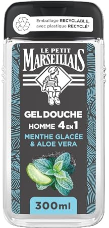 Le Petit Marseillais Gel Douche Homme Menthe Glacée & Aloe Vera, 300 ml | 4 en 1 Corps, cheveux, visage et barbe, Formule avec 92% d’ingrédients d’origine naturelle, Emballage recyclable
