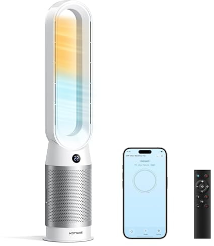 KOMORE 3-in-1 Bladeless Tower Fan & Air Purifier & Heater Combo, Tower Fan with 8 Speeds, App Control, Silen DC Motor, 80°Oscillating Standing Bladeless Fan, 9H Timer, Cooling Fans for Bedroom, Office