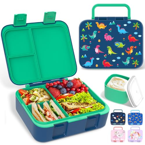 Anyiner Kids Lunch Box, Leakproof Bento Lunch Box with Multi-Compartments & Sauce Jar, Portable Snack Box Mermaid Bento Box for Kids Adults Work School (Green-Dinosaur)
