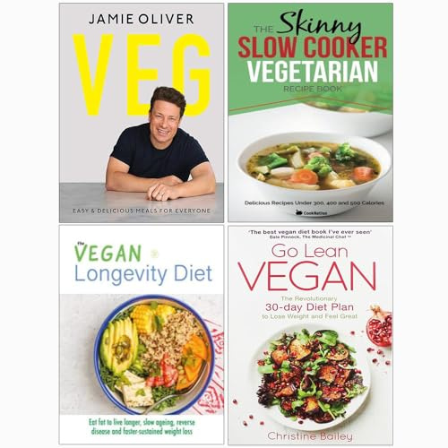 Veg Easy & Delicious Meals for Everyone, The Skinny Slow Cooker Vegetarian Recipe Book, The Vegan Longevity Diet & Go Lean Vegan 4 Books Collection Set