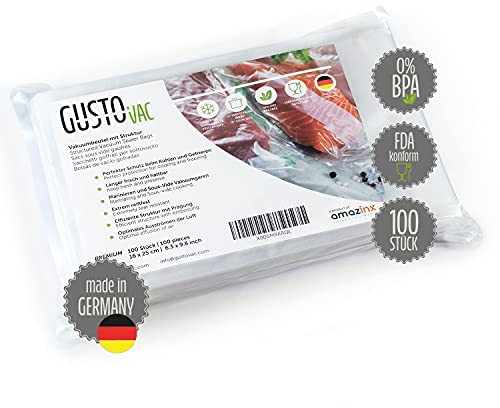 GustoVac Premium Vakuumbeutel, 100 Stk. 16x25cm Profi- Folienbeutel, Vakuumierbeutel für Vakuumierer, Kochfest & Sous Vide Gefrierbeutel, Lebensmittel Vakuumiergerät, Made in Germany, BPA-frei