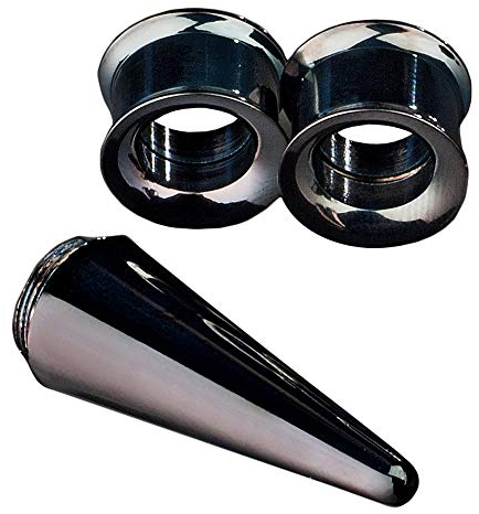viva-adorno 3er Set Edelstahl Dehnungsset 1 Dehnungsstab + 2 Flesh Tunnel Plug schwarz oder Silber Größe 4-12mm EX10, schwarz 8mm