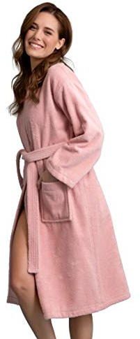 Women's Turkish Terry Kimono Style Bathrobe - 100% Pure Turkish Cotton - Comfortable & Absorbent - Soft & Cozy Wear - Adjustable Wrap Belt (Powder Pink, Medium)