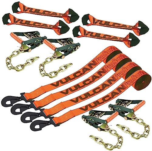 VULCAN 8-Point Roll Back Vehicle Tie Down Kit with Snap Hook on Strap Ends and Chain Tail on Ratchet Ends - Set of 4 - PROSeries Optic Orange