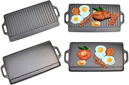 Pre Seasoned Cast Iron Non-Stick Reversible Griddle Plate Pan Double Sided with Integrated Handles and Oil Drip Tray - Suitable for BBQ, Induction, Gas and Electric Hobs - 50 x 23 cm