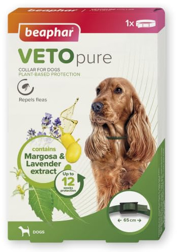 Beaphar - VETOpure Dog Flea Repellent Collar for Dogs - 65cm - Repels Fleas for up to 12 Weeks - Plant-Based Flea Protection Containing Margosa – Adjustable Collar - For Dogs From 12 weeks old