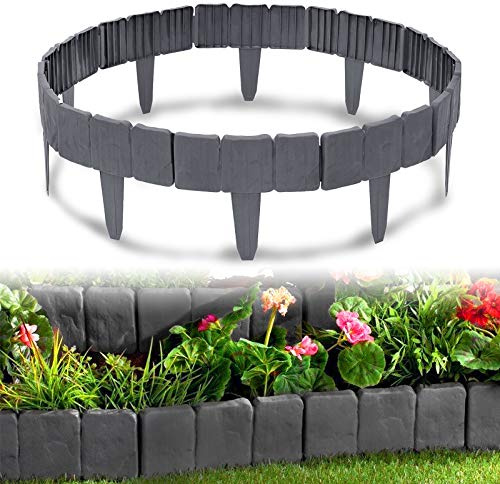 HENGMEI Rasenkante in Steinoptik 15m Beetumrandung Mähkante 60 stücke Randsteine Kunststoff Beeteinfassung Gartenzaun 1 Element (L x H): 25cm x 23cm, Anthrazit