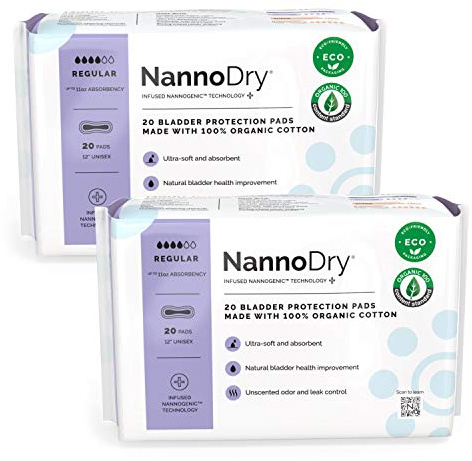 NannoDry Incontinence Pads for Women - 100% Organic Cotton Postpartum Pads, Pregnancy, Menopause, Bladder Leak Control - High Absorbency, Breathable, Unscented, Unisex - Regular (2 Pack, 40 Count)