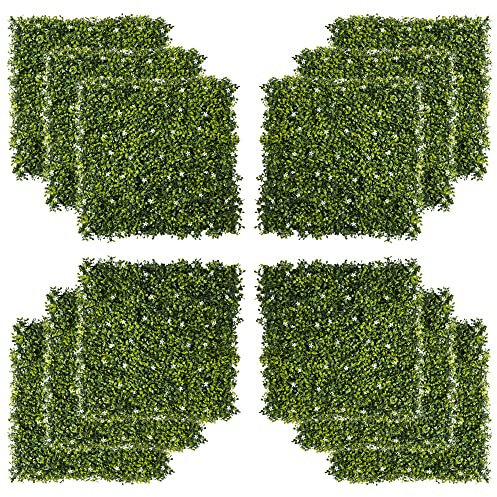Outsunny 12PCS Artificial Boxwood Wall Panels 50cm x 50cm Grass Privacy Fence Screen Faux Hedge Greenery Backdrop Encrypted Milan Grass with White Flowers for Home Garden Backyard Balcony