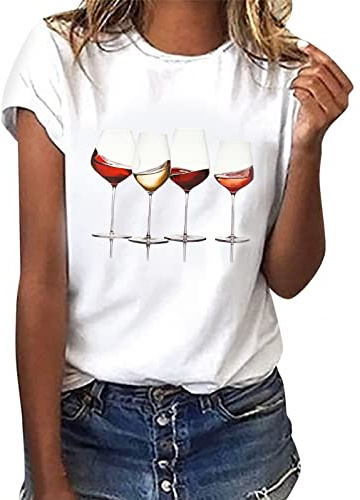 heekpek T Shirt Donna Manica Corta Bianca Cotone Maglietta Manica Corta Donna Casual Girocollo Stampa Estiva Base Tee Bluse, Bicchiere da Vino Rosso, S