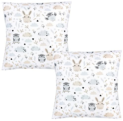 TupTam Kinder Kissenbezug Dekorativ Gemustert mit Hotelverschluss 2er Set, Farbe: Hase/Eule, Größe: 40 x 60 cm