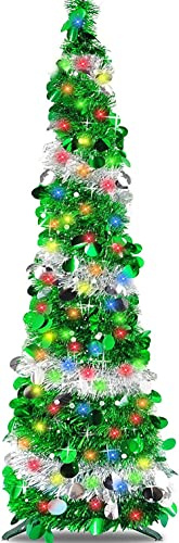WINOK Árbol de Navidad artificial plegable de 5 pies, árbol de Navidad plegable con 100 luces LED de colores, interiores y exteriores, decoración de Navidad