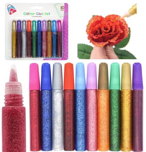 10Pcs Glitter Glue Pens for Kids, Non-Toxic Washable Craft Glue for Card Making, Scrapbooking, DIY Arts & Crafts, School Projects, Slime Christmas Decorating