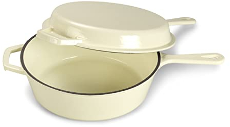 ECHTWERK Cocotte et poêle à griller 2-en-1 Set, Cocotte en fonte avec couvercle, Casserole en fonte avec revêtement émaillé, Pour four, gril, BBQ et induction, Crème, 2,5 L, Ø 25,2 cm
