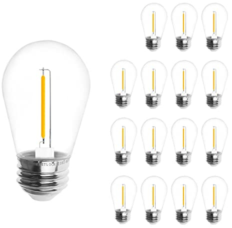 Jslinter Energy-Efficient S14 LED String Light Bulbs Replacement - 3V Solar-Powered, Shatterproof, 2700K Warm White, Outdoor/Indoor, E26, 15-Pack