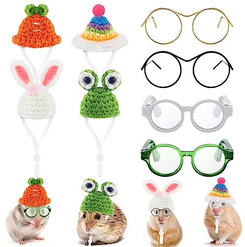 Silkfly 8-teiliges Hamsterhut, runde Kostüm-Brille, inklusive 4 gestrickten Kleintier-Hut mit verstellbarem Riemen und 4 Paar Haustierbrillen für Kleintiere, Eidechsen, Meerschweinchen, Kleidung,