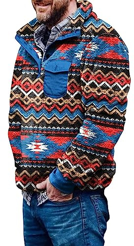 Pullover in pile Aztec da uomo, giacca in pile Fuzzy Sherpa con bottoni, felpa calda vintage con tasca per uomo, XL