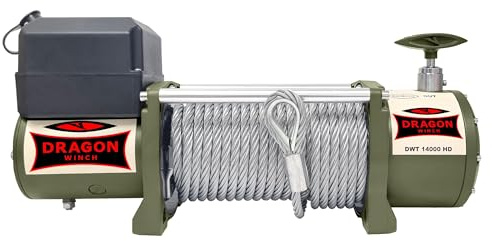 DRAGON WINCH - Elektrische Seilwinde 12V Truck 14000 lbs / 6350 kg mit Stahlseil 20m für Feuerwehren, Nutzfahrzeugen, Lieferwagen mit kabelgebundener und kabelloser Fernbedienung + Winde Zubehör
