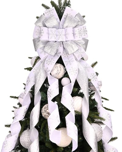Christmas Tree Topper Wreath Bow 45x12 Inches Large White Snowflake Patterned Xmas Tree Décor Indoor Outdoor Decoration