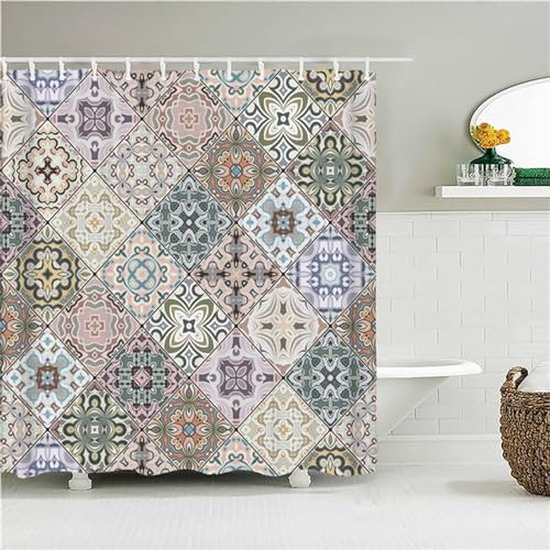 Syiboo Duschvorhang Böhmisches Grau 120x190cm Duschvorhäng Anti Schimmel,Wasserabweisend Stoff Duschrollo Waschbar,3D Draussen Bad Vorhang Schnell Trocknend,Badewanne Badezimmer Decor Vorhänge