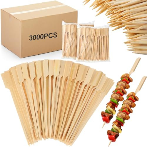Minatee Lot de 3 000 brochettes en bambou pour apéritifs, cure-dents, brochettes larges en bois pour brochettes, cocktails, fruits, barbecue, saucisses (8,9 cm)