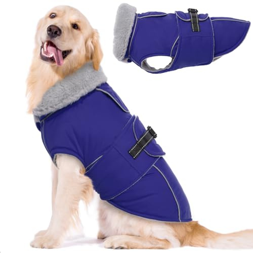 Lelepet Hundemantel Winterweste Reflektierende Fleece Hundejacke für Große Hunde Wasserdicht Hundejacke Wintermantel Warme Winterjacke mit Verstellbarer Schnalle (Blau, XL)