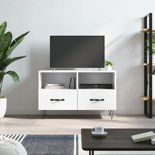 TJROO TV-Ständer, Weiß, 80 x 36 x 50 cm, Holz, Eisen, TV-Konsole, mit Schubladen, Modern, Montage erforderlich