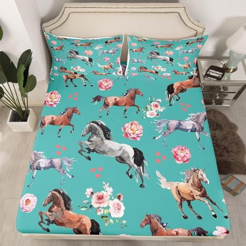 Homewish - Juego de cama de 90 x 190 cm, diseño de caballo para niña, sábana bajera con diseño de corazón de amantes, sábana bajera de vaquero y vaquero, color rosa