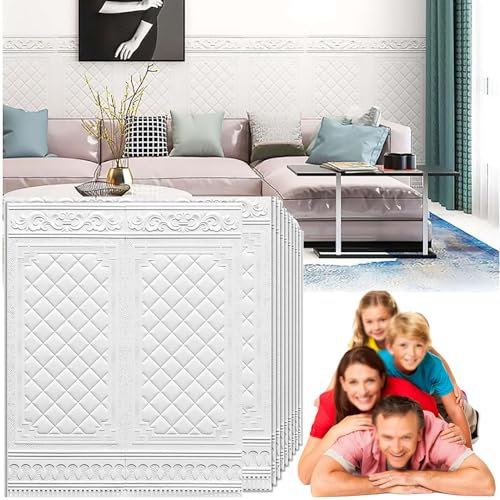 HAILM Panneau Mural Decoratif 70X90cm, 10 Pièces De Plaque Autocollante Murale, Revêtement Mural, Panneaux Muraux pour Salle De Bain, Maison, Le Bureau, Le Salon, Épaissir 3 Mm,Blanc