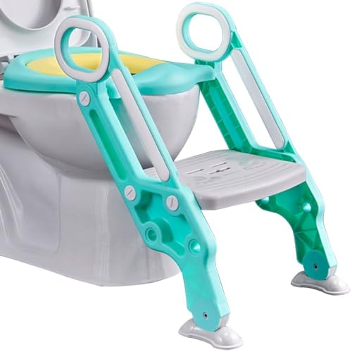 Toilettensitz Mit Treppe Klappbar Zuhause Einstellbar Toilettentrainer Mit Treppe Für Jungen Und Mädchen, Faltbar Und Stabil Toiletten-Trainer Mit PU-Kissen, Belastbarkeit 75kg (Color : Green, S : 4