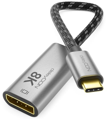 deleyCON Adaptateur USB-C vers DisplayPort 8K pour Écran (8K@60Hz / 4K@120Hz) Aluminium, Thunderbolt 3/4, iPhone 17 16 15 Pro Max Air, MacBook, iPad Pro/Air, Galaxy S25 S24 S23, Portable, Tablette