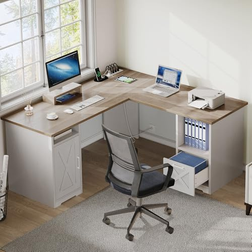 DWVO L Shaped Desk with File Drawer, 60 Corner Computer Desk with Power Outlets, Home Office Desk with Monitor Stand & Storage Shelves & File Cabinet, Grey Wash