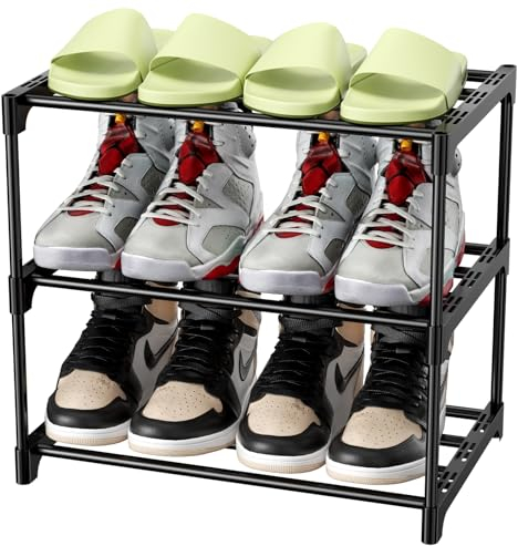 Magrimaxio Schuhregal Metall, Schuhaufbewahrung mit 3 Ebenen, Leichtes Schuhablage, Schuh Regal Stapelbar für 6 Paar Schuhe, Schuhständer für Flur, Wohnzimmer, Schlafzimmer, Eingangsbereich (Schwarz)