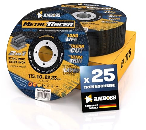25x Metall-Trennscheibe Ø 115 x 1 x 22.23mm - Die Metalltrennscheibe Metal Racer by AMBOSS WERKZEUGE ist geeignet für Stahl & Edelstahl, Stahl/Inox Trennscheibe 115 passend für Winkelschleifer