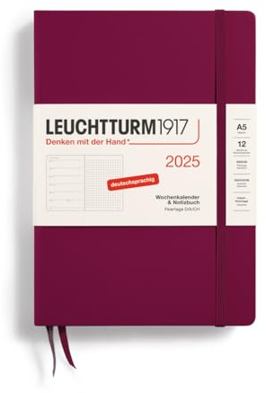 LEUCHTTURM1917 370537 Wochenkalender & Notizbuch Dotted Medium (A5) 2025, Port Red, Deutsch