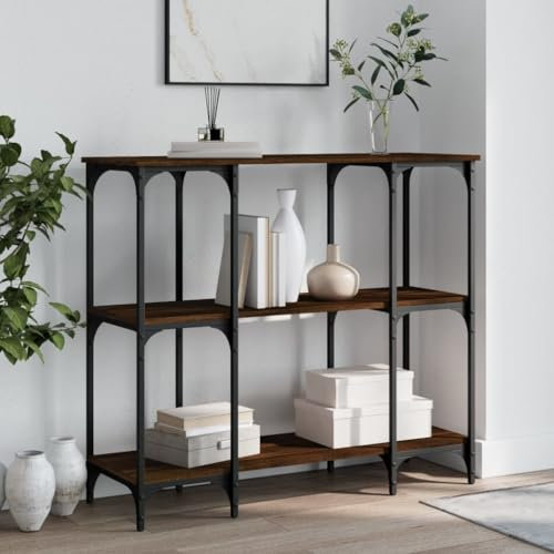 FENLAX Konsolentisch mit Ablagen 102x35x90 cm Beistelltisch aus Holz Flurtisch Ausstellungstisch Konsolentisch schmal Wohnzimmermöbel Eingangsbereich Holzwerkstoff&Metall Braun Eichen-Optik