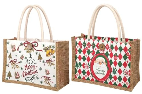 2 Stücke Geschenktaschen Weihnachten Jute Taschen wasserdicht Kinder Geschenktüten Wiederverwendbare Weihnachtstaschen mit Griffen klein Weihnachtskorb für Nikolaus und Advent