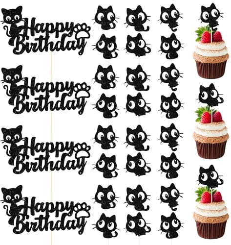 28 Adornos Para Cupcakes De Gatitos,Purpurina Negra Gatitos Cupcake Toppers,Perfecto Para Baby Showers Con TemáTica Gatitos Y Fiestas CumpleañOs Infantiles