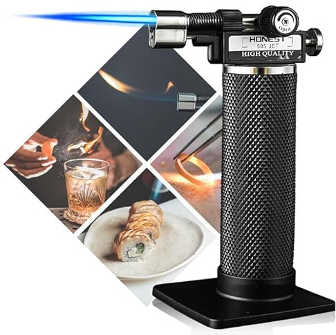HONEST Kitchen Blow Torch Butane Torch Lighter Big Jet Flame Refillable Portable Butane Torch Adjustable Mini Blow Torch for Camping Baking Culinary Soldering Cooking Welding BBQ (Plastic Tank)