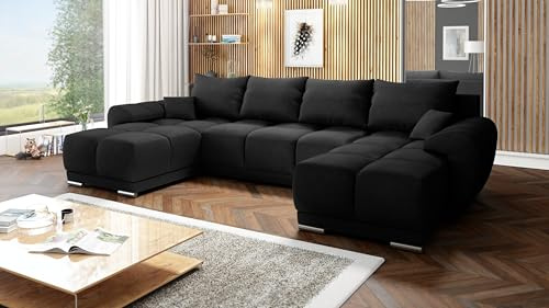 Easy4You Ecksofa Schwarz Plush Velvet U-Form 362 x 85 x 183 cm mit Schlaffunktion und Stauraum - Schlafsofa mit Bettkasten und Kissen - Moderne Wohnzimmermöbel – Stoff: Plush Velvet 99