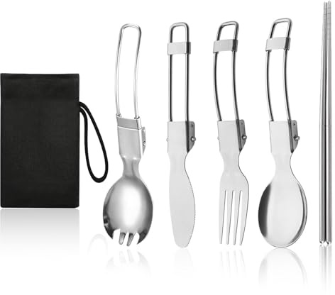 YFaith Camping Besteckset, 5 Stück Outdoor Besteck aus Edelstahl, Bestecktasche für Unterwegs, Silber Campingbesteck Klappbar für Reisen, Camping, Picknick, Büro