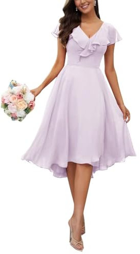 KURFACE Vestido corto de dama de honor para mujer, para boda, fiesta, volantes, cuello en V, gasa, vestido formal de noche, Lila, 42