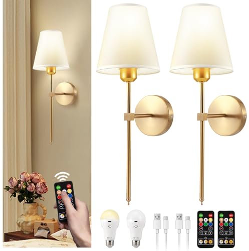 Battery Operated Wall Sconces Set of 2, Rechargeable Wall Lights with 6 Colors RGB Dimmable Detachable LED Bulbs and Remote, Wireless Wall Lamp for Bedroom Living Room Hallway Decor, Not Hardwired