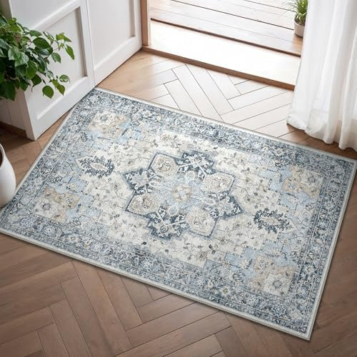 GENIMO Small Machine Washable Rugs 60x90cm, Non-Slip Door Mat Vintage Bedside Rug, Boho Area Rugs, Low Pile, Non-Shedding, Traditional Oriental Printed Design, Entrance, Entryway, Corridor, Lake Blue