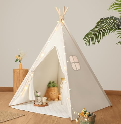 Wilwolfer Tipi Enfant Teepee Indien : Coton Enfants Tente Jouent Tente Intérieure Extérieure Portable Maison de Jeu pour Garçons Filles Jeux D'intérieur et D'extérieur (Blanc Cassé)
