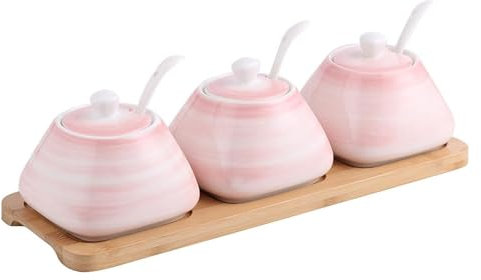 BTBTB Azucarero con tapa, azucarero de cerámica, azucarero de cerámica colorido con tapa, azucarero de porcelana con cuchara, salero pequeño, tarro de almacenamiento, for cafetería(Roze,3 Set)