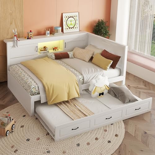 Merax Schlafsofa 140x200 Tagesbett Ausziehbar Funktionsbett mit LED-Beleuchtung, Staufach, Steckdose + USB - Holzbett Bettrahmen mit Lattenrost (ohne Matratze), für Wohnzimmer/Schlafzimmer, Weiß